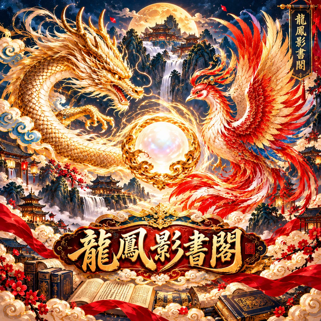龍鳳朝珠：金龍與朱鳳環繞明珠的龍鳳影書閣品牌主視覺